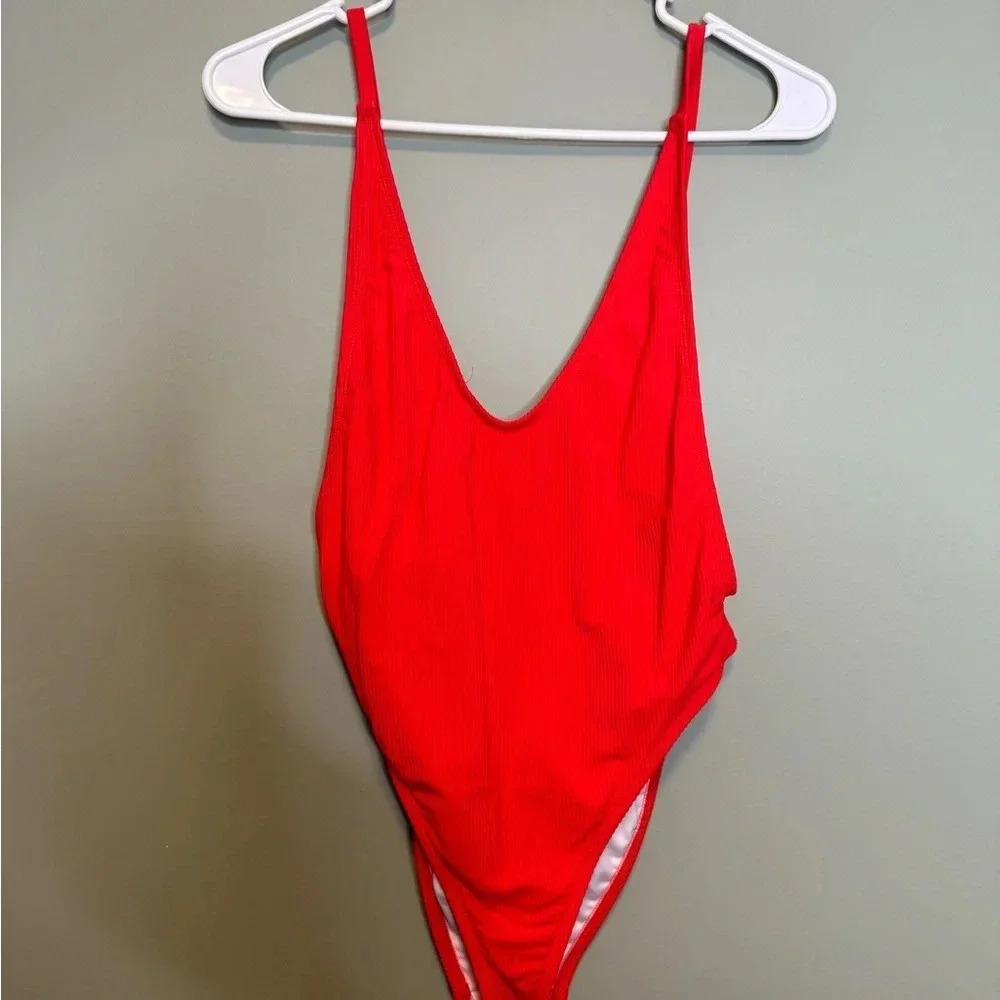 Nasty Gal Red Ribbed One-Piece Swimsuit